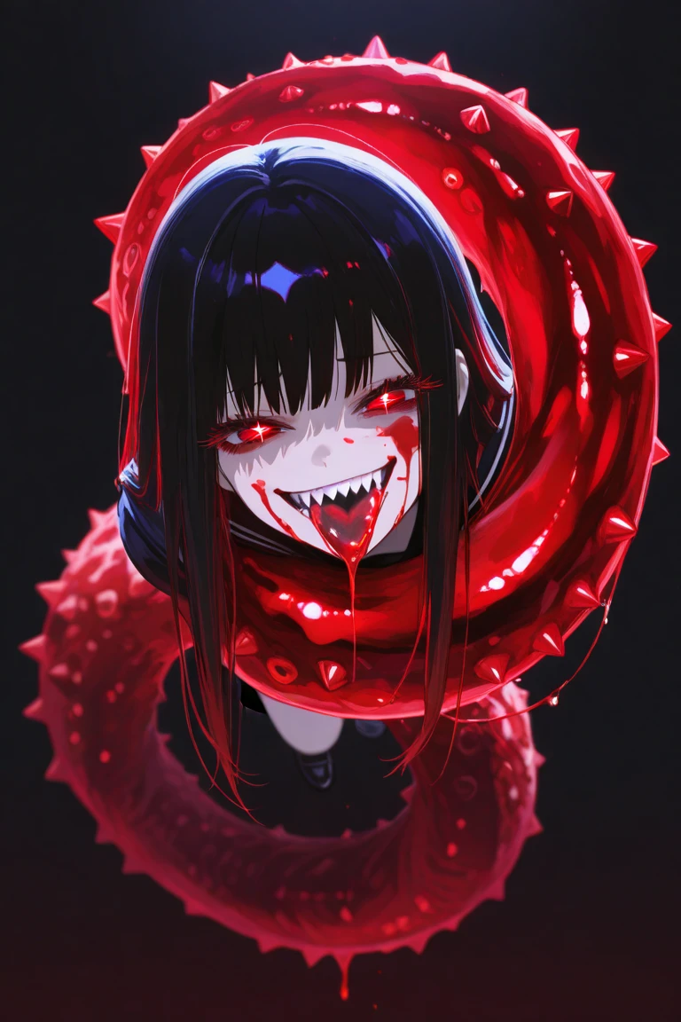 (masterpiece, sidelighting, finely detailed beautiful eyes: 1.2), ((best quality)), ((masterpiece)), (highly detailed:1.3), anime, 1girl, solo, dripping slime, upper body covered in red goo, lower body covered in white goo, nayghty smile, young girl, loli slime girl, messy, black slime girl, small chest, head covered in black goo, extremely long hair, red eyes, hair between eyes, merged with goo, melting body, dripping with slime, black body color, liquid body, black skin color, liquid hair, slime covered hair, red hair, masterpiece, clean image, high res, HD, high quality