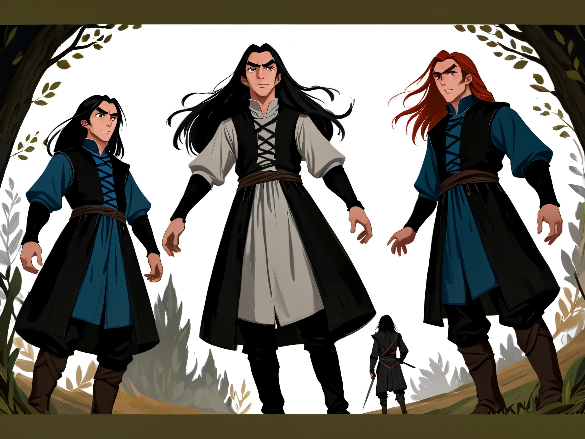 2D ART, hyper detailed gouache painting, illustration, gougoupaintleaves style, portrait of a man, 1boy, solo, long_hair, braided brown hair, high_ponytail_hairstyle, male_drow:1.5, dark elf, black eyes, black_sclera, detailed face, handsome features, dark medieval tunic, pointy ears, standing in a dark forest, pov from_below, frontal full body shot, on simple white background, full body shot, very detailed, ren's picture books, FRESHIDEAS Illustration No. 12