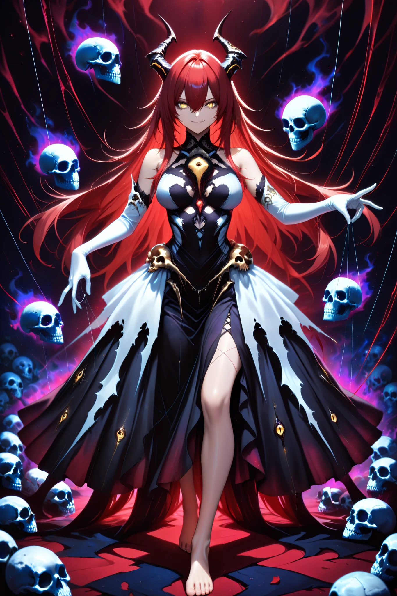 (masterpiece) , (highest quality) , (very detailed) , (the best shape) , (absurd) , (so beautiful) , (perfect anatomy), (perfect clear eyes),
1girl,red hair, long hair, golden eyes , long hair , gloves, standing, solo, looking at viewer, barefoot ,dress, demon girl, white gloves, hair between eyes , bare shoulders, smile, skull, slit pupils, elbow gloves ,necromancer, black corsage dress, laced, bound, purple dark aura, puppeteer, thin silver string comes out of her fingers, , puppet strings