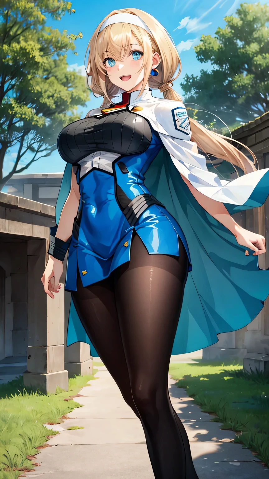 Eula, Eula Lawrence, giantess, anime giantess, bubble butt, thick thighs, cameltoe, bulging crotch, viewed from below, large breasts, genshin impact, outside, outdoors, confident, in nature, massive chest, cowboy shot, masterpiece, best quality, flawless skin, detailed eyes,