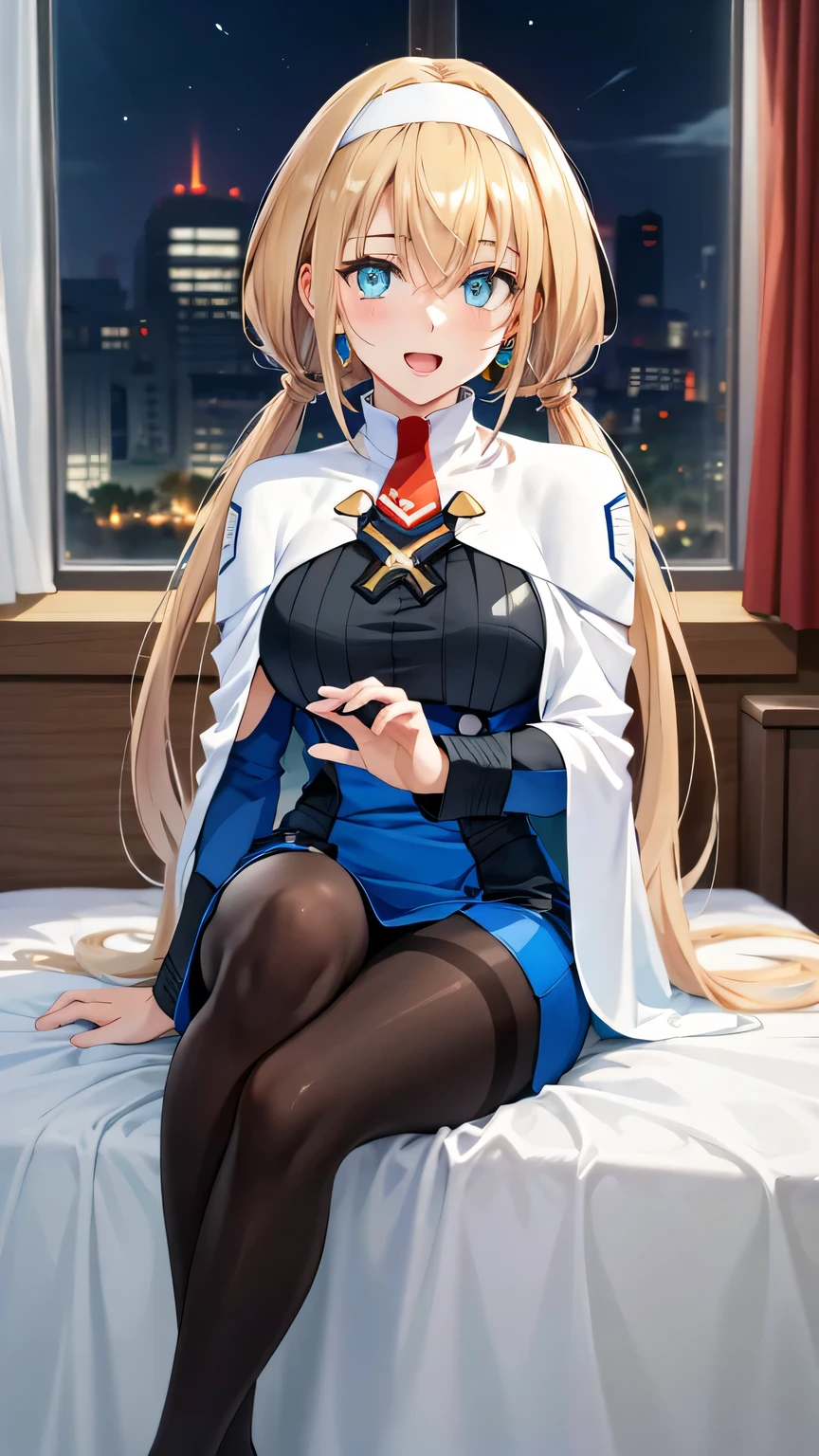 {{{masterpiece}}}, (best quality:1.5), (ultra-detailed:1.5), {illustration}, {{an extremely delicate and beautiful}}, (beautiful detailed eyes:1.6), absurdres, highres, extremely detailed face, 16k, hd, visual anime de uma jovem mulher, extremamente bonito rosto de anime, anime melhor garota, (perfect hands, perfect anatomy), anime face, mitsuba1, Mitsuba Greyvalley(SUPER ROBOT WARS 30), 1girl, solo, cute face, blonde hair, twintails, low twintails, hairband, white hairband, long hair, hair behind ear, bangs, sidelocks, blue eyes, triangle earrings, large breasts, big hips, curvaceous, BREAK, uniform, mini bodycon dress, (white capelet:1.2), capelet, Mitsuba Greyvalley's military uniform, blue dress, long sleeve, military uniform, jewelry, (black pantyhose:1.3), thighs, plump thighs, BREAK, night, indoor, bedroom, on the bed, window, moonlight, open mouth, smiling, confession, embarrassed, flushed cheeks,from front, looking at viewer, dark room, covering chest by one hand, knees together feet apart, sit