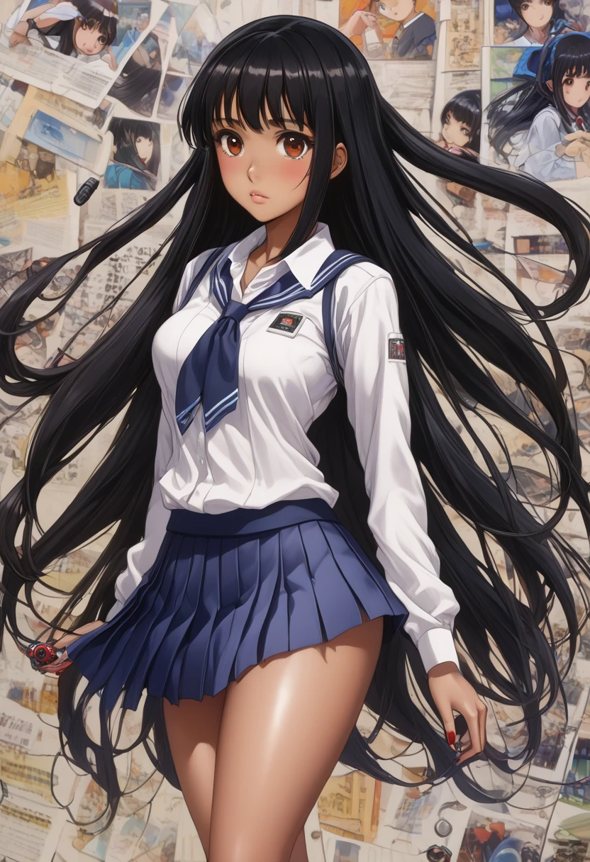 In a building in front of the station, a beautiful woman with long black hair, big breasts, and beautiful legs is standing in a sailor uniform with a white miniskirt, boldly showing off her crotch in pale light blue and blue striped panties.。I'm glaring at a middle-aged office worker standing next to me.。