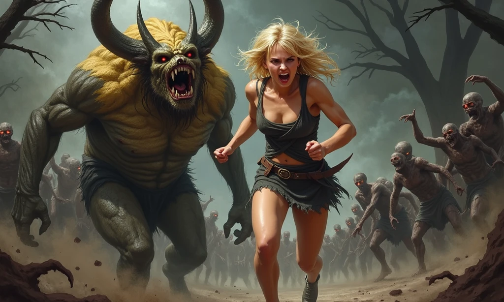 masterpiece, one sexy rabbit girl running with fear, there r bigs monsters and creatures who r trying to catch this sexy rabbit girtl, castel in fire in background,