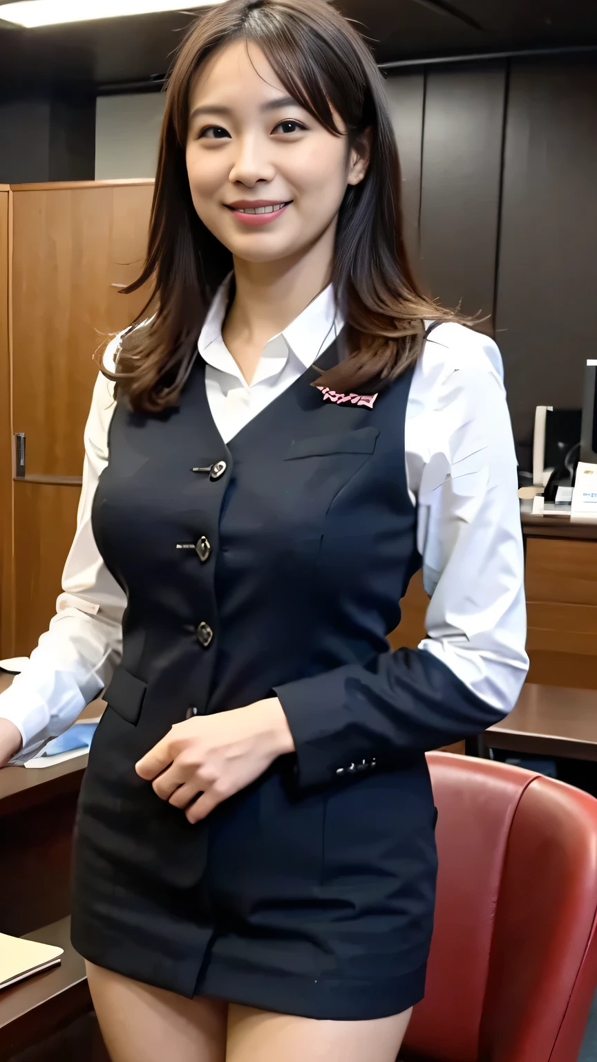 ((Highest Quality, 8k, masterpiece: 1.3, Photorealistic)), OL, tight miniskirt, office room desk, chair, (stare at the viewer), Mature Woman, business wear, smile:0.2, normal breasts