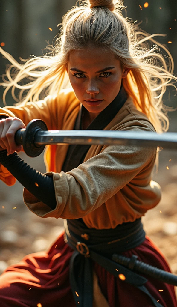 cinematic film still of <lora:female samurai style v2:1>
medium shot, an epic cinematic photo of a blonde woman in a yellow outfit with blood on her cloth, holding a sword with her hand, while staring at someone in a room full on ninja assassins in blur background, female samurai style, shallow depth of field, vignette, highly detailed, high budget, bokeh, cinemascope, moody, epic, gorgeous, film grain, grainy