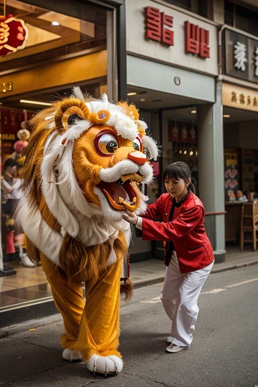A Q-version lion dance is holding a plate of oysters at the beach