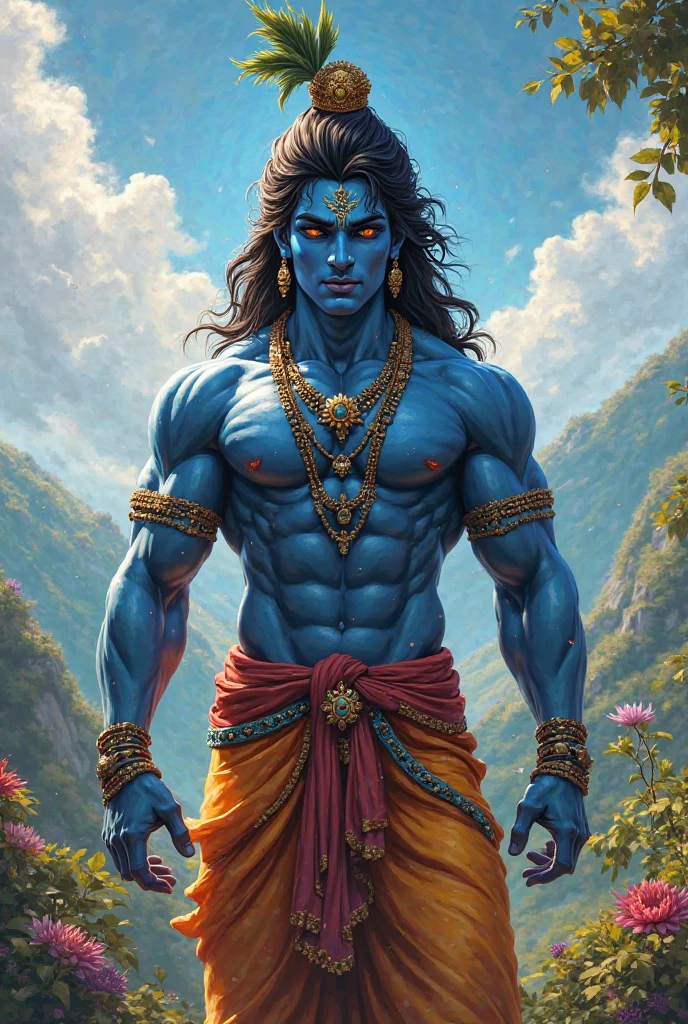 Lord krishna with 6 pac bodybuilding in cyberpunk city and pink and yellow colour light in background and glowing his eyes in red colour