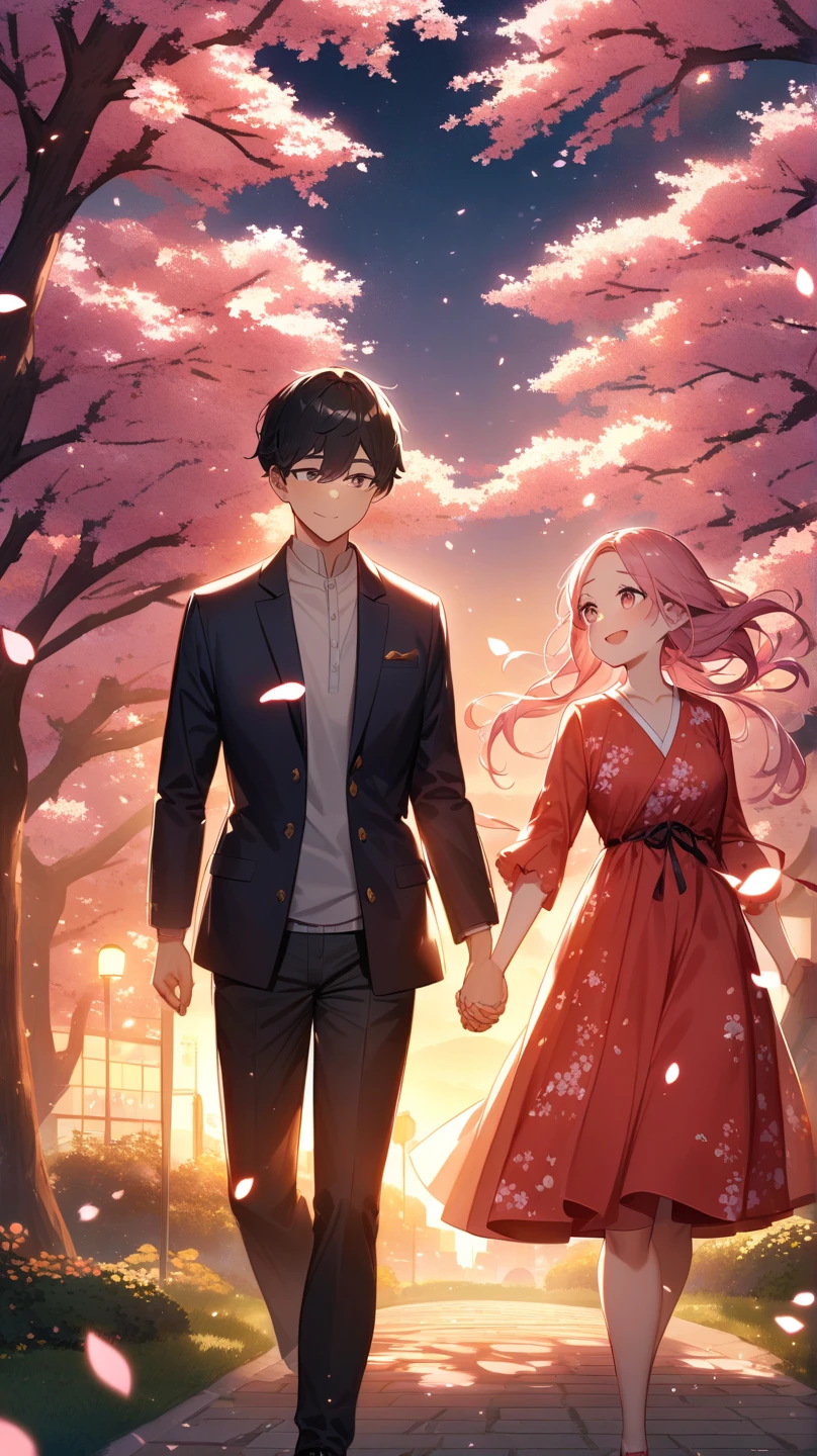 couple, 1 Girl 1 Boy, different hair color, Long pink pink hair, Short brown-black hair, Romance