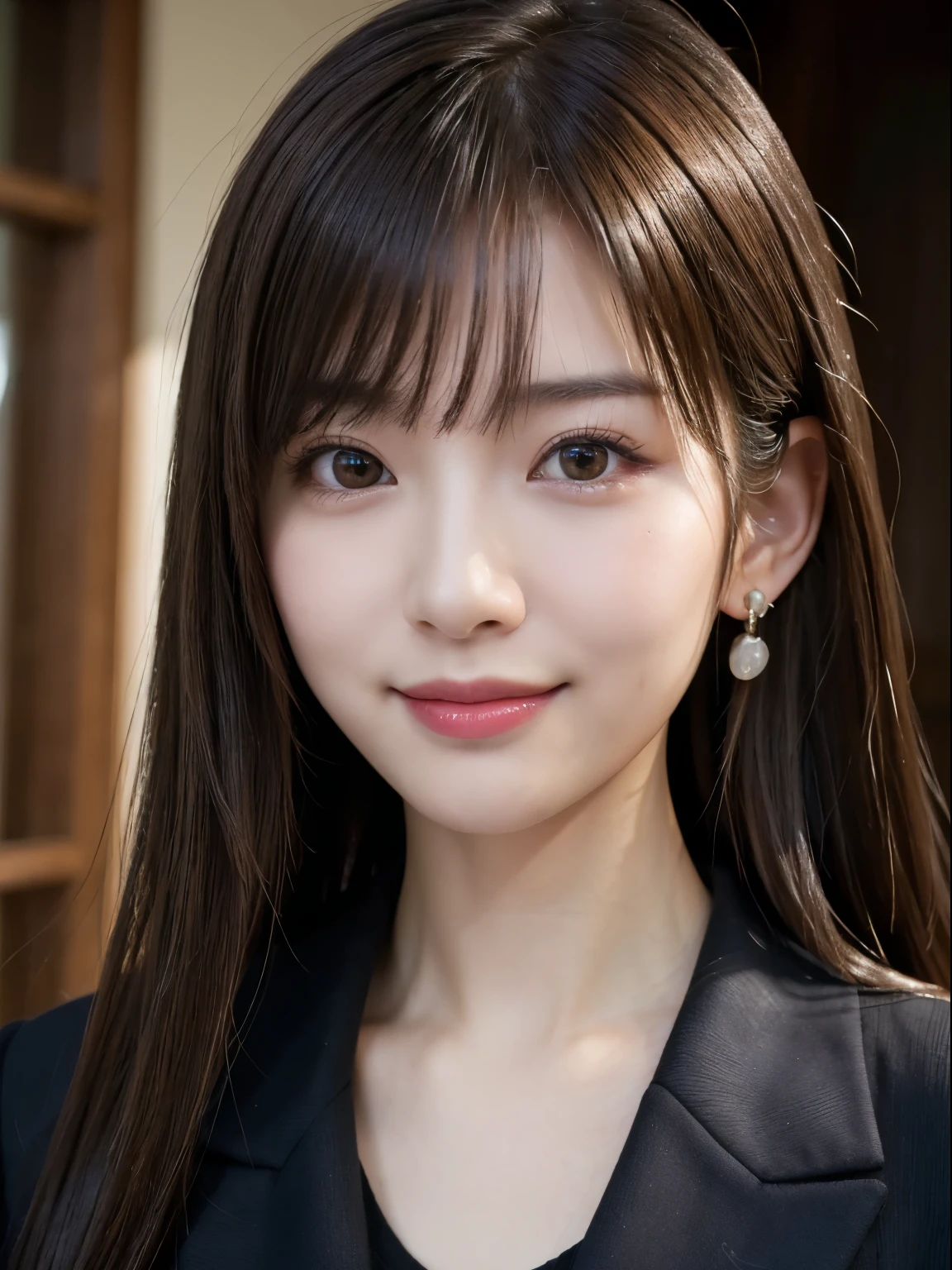 (masterpiece:1.3), (8k, Realistic, RAW Photos, Best image quality: 1.4)、20-year-old girl、(Random Hairstyles:1.2)、Highly detailed face、Attention to detail、double eyelid、Sharp focus:1.2、Beautiful woman:1.4、Light brown hair、Highest quality、masterpiece、Ultra-high resolution、(Realistic:1.4)、Highly detailed and professional lighting、Brown Knight、thin、A sparkling smile、Long black hair、Deadly position、Beautiful Skin、Shiny Hair、Childish expression、Upper Body、Touching your face with your hands