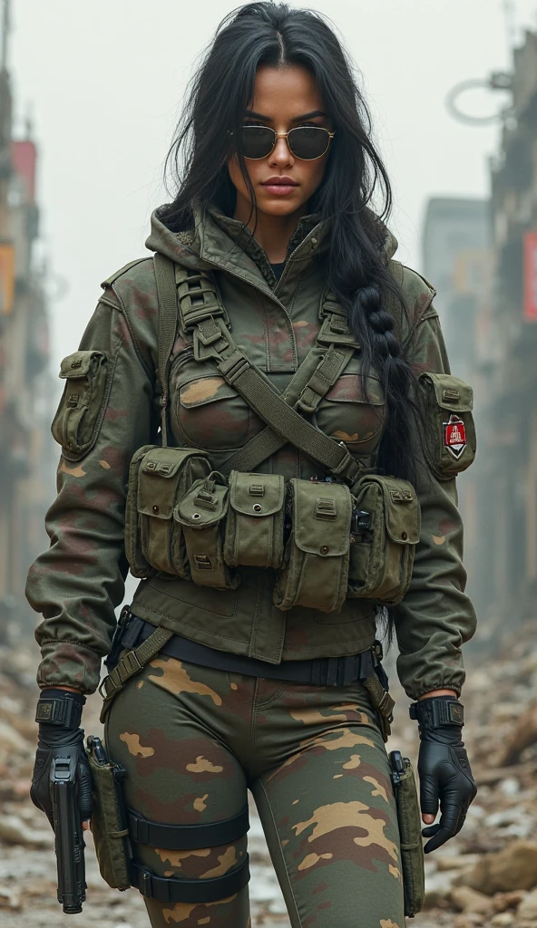 ((masterpiece、top-quality、realisitic、ultra-detailliert、hight resolution、Photorealsitic、foco nítido、lighting like a movie))、Stunning portrait of a beautiful woman、bustshot、Focus from the chest up、sad Facial expression、Beautiful detailed eyeedium Hair、Army camouflage uniform、Camouflage Tactical Vest、Long trousers with camouflage pattern、Combat gloves、rucksack、Black Military Undershirt, White smoke、Detailed hand depiction、Latina, Gaza city in the backgorund, large breast, running