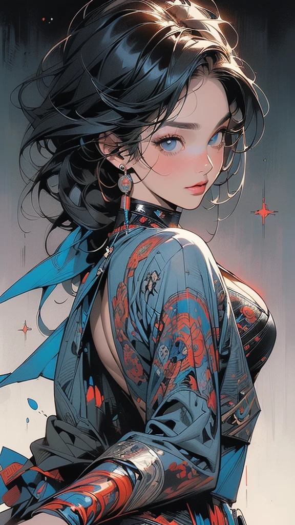 (masterpiece, Highest quality), 32K,(Highly detailed beautiful woman), Poster,sf,1960s,1970s,Bauhaus, shape, Abstract,movie Poster, Vintage,Retro,Future Anime,The ultimate map,highlight,Very detailed glowing eyes,Cleavage,Complex patterns,Stylish hairstyle,Grey and orange outfit,Starry Sky