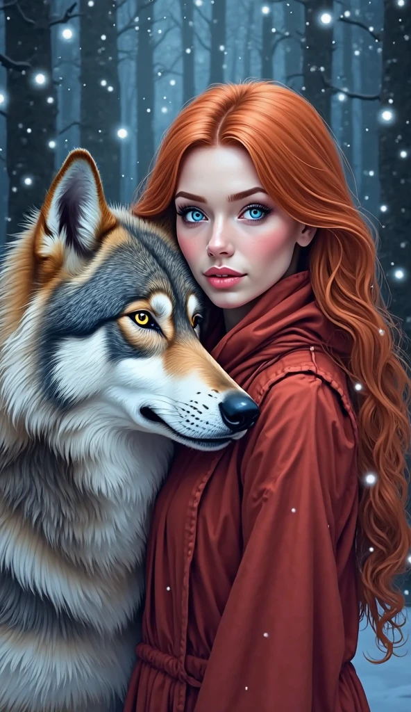 A fierce redhead warrior, Red Sonja, with her companion a huge giant wolf in a snowy landscape, blood stains on the pristine white snow (best quality, 4k, 8k, high resolution, masterpiece: 1.2), ultra detailed,,vivid colors,bokeh,portraits,concept art,dramatic lighting,cold tones,snow, ice, winter, art inspired by Bill Sienkiewicz