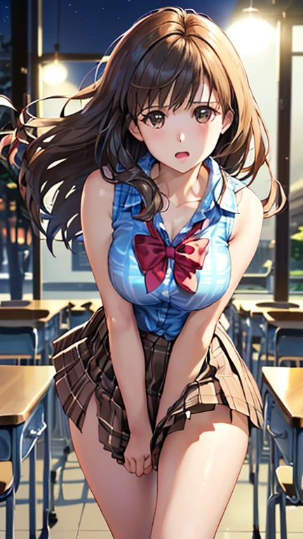 ((Tabletop, Highest quality, High resolution, Hmph, Pixel perfect, 4K, Hmph, Hmph))), 1 Girl, single, alone, Beautiful woman、I could see the whole body、Angle from behind、I can see your butt、Her butt is facing me、 Standing and legs open((Short Wavy Hair, bangs, Brown Hair)), ((Brown eyes, Beautiful eyelashes, Realistic eyes)), ((Detailed face, blush:1.2)), ((Smooth texture:0.75, Realistic texture:0.65, Realistic:1.1, Anime CG Style)), Medium chest, Dynamic Angle, Perfect body, ((White tennis wear、White short sleeve shirt with collar、Blue ruffled skirt、White tennis shoes、The wind blows up my skirt))、Tennis court、Very embarrassing panic smile、See-through bra、Pink panties and bra、I'm sweating a lot