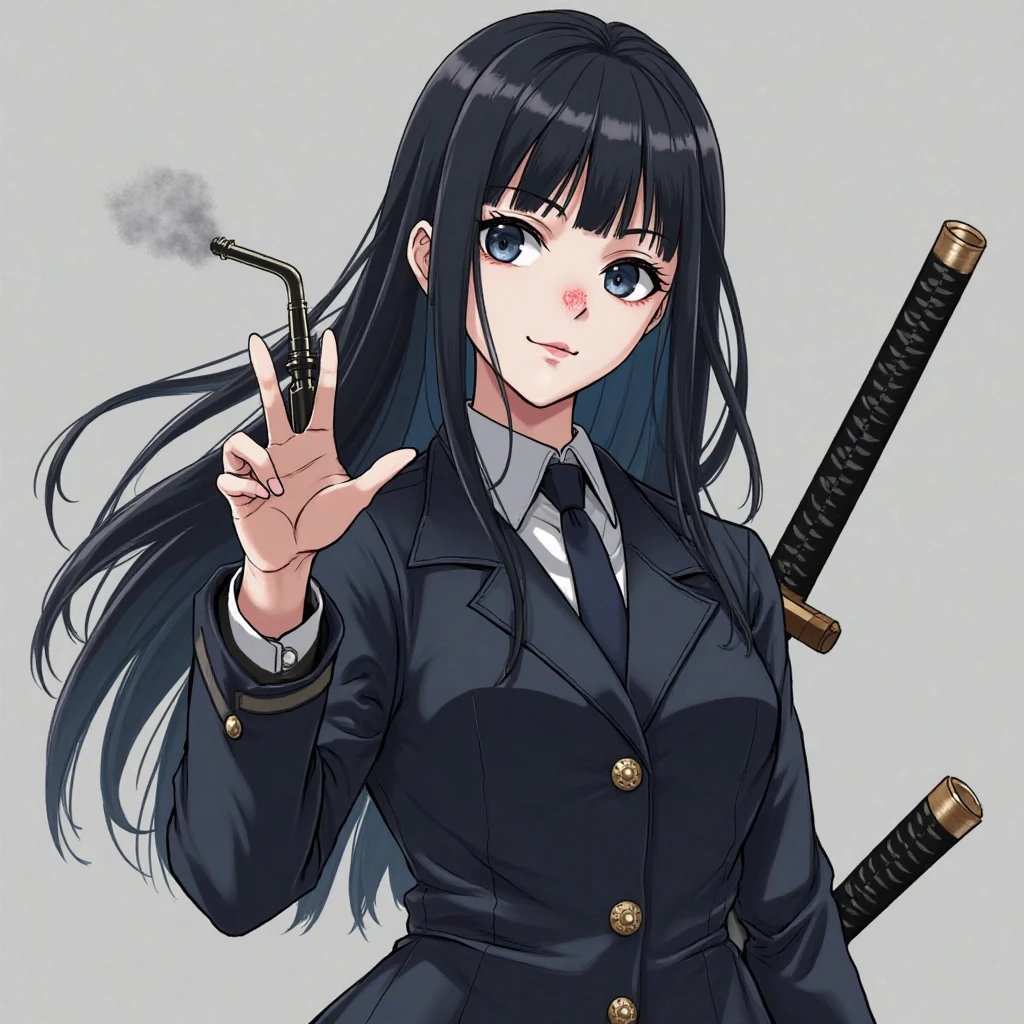 best quality, masterpiece, highres, solo, {black business suit:1.40}, {tie:1.20}, {sunglasses:1.25}, {white gloves:1.15}, {white shirt:1.10}, {black skirt:1.15}, {smoking:1.20}, handsome, {kitakami_kantaicollection:1.15}, long_hair, black_hair, braid, bangs, single_braid, blunt_bangs, sidelocks, serafuku, purple_eyes