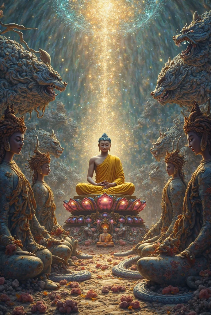 painting of a buddha surrounded by other people and animals, buddhism, the buddha, buddha, buddhist art, samsara, tithi luadthong, beautiful depiction, buddhist, thailand art, artistic depiction, by Galen Dara, artist unknown, karma sutra, puṣkaracūḍa, enlightenment. intricate, enlightenment