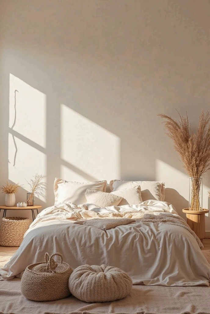 Bedroom beige walls. aesthetic. realistic photo. 4k. The room is harmonized with shades of beige, truth of light plants and wood. Minimalist but stylish design enhancing the comfort and utility of the furniture.