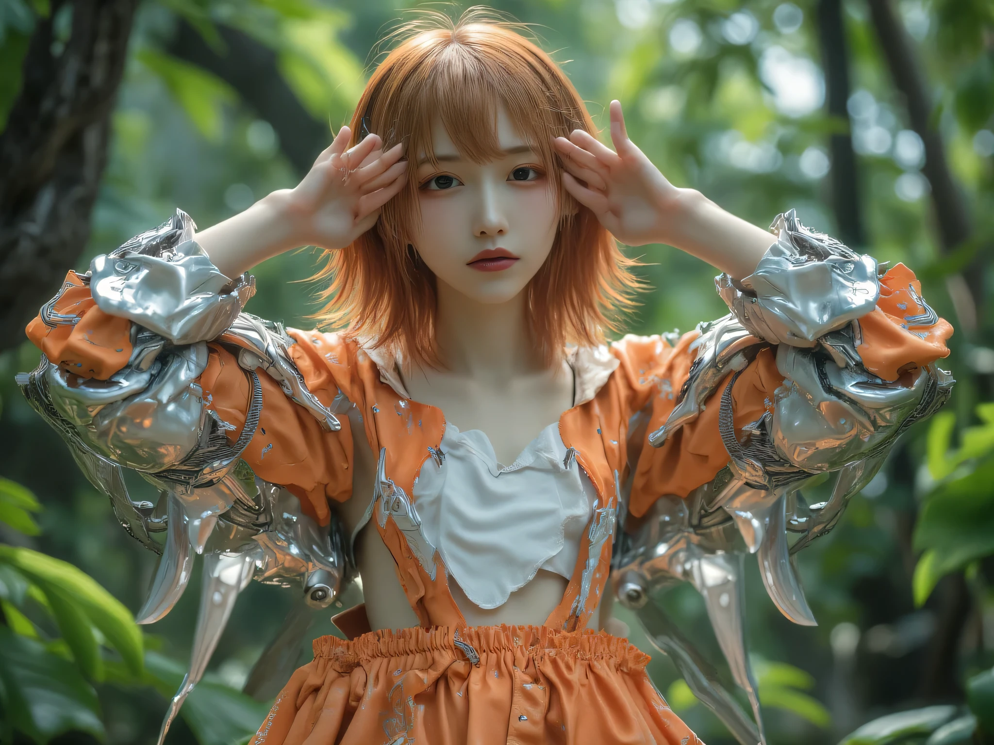 pretty girl , Very beautiful, 18 years old, Young face, Pessimistic, innocent, Bender, Rotator tilts the middle of the air to the right, Singing to FumFi, Medium Hush Cut hairstyles, There is one big orange hair growing out of the middle of the head., flat chest , Very beautiful, orange hair, ผิวVery white, Very white, beautiful, Silver Adventurer Dress with White Cut, Both hands raised, wipe the eyes., face up,Lita, Beautiful Big Round Eyes, Gravity-free forest, Floating Foot Adventurer's Suit, In the middle of a green forest, front view, imagesเป็นพิเศษ , thumbnail, high quality walkers , front view, standing, japanese, White skin,arrogant face color, thin, standing, images, whole image, masterpiece,movies,8K resolution, Clear Details.