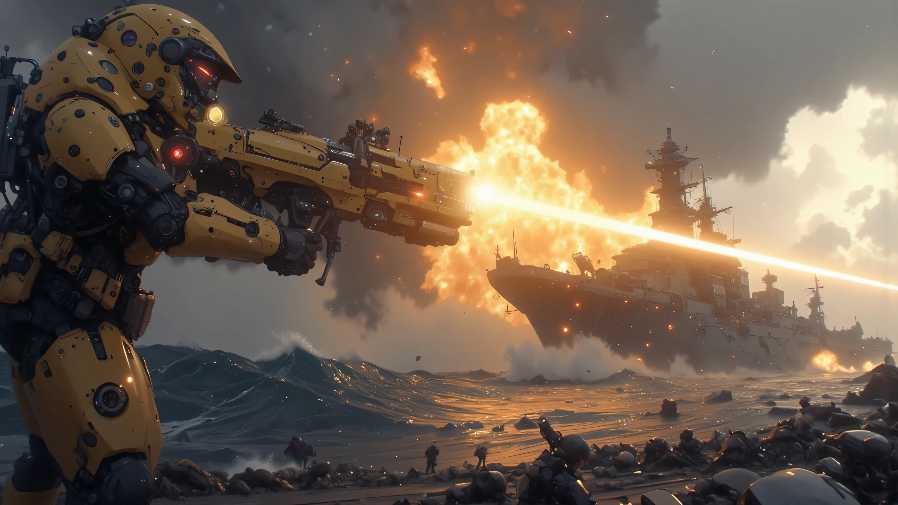 powerfully holding a giant beam rifle with both hands、maximizes that overwhelming sense of scale from a low angle、holding the giant beam rifle with both hands and、tense poses with a strong sense of strength in the arms、golden beams are launched with intense brilliance、burns down the battlefield above the storm、seawater touches the beam and evaporates instantaneously、a huge column of water vapor rises up、the waves break with heat and white bubbles scatter、the wreckage of a battleship that almost sank and floating debris drifts through the background、A golden beam penetrates them and carves a path of light to the far horizon、Thunder the dark storm clouds、The collision between the cold blue-gray sea and the heat of gold is dramatically depicted、the reflection of the beam flickers on the wet surface、impressive composition like a movie poster、surreal details and textures、an 8K resolution battlefield scene with cinematic depth