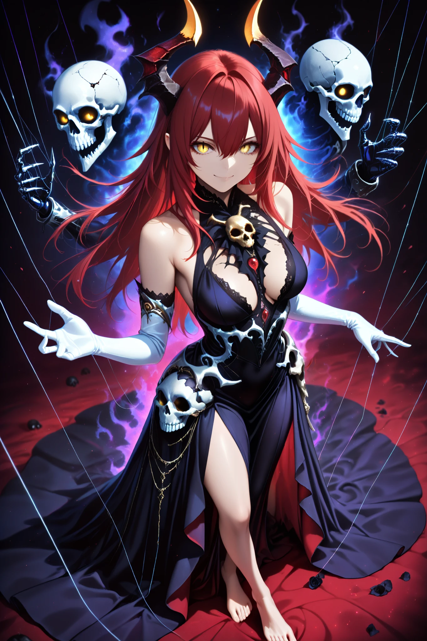 (masterpiece) , (highest quality) , (very detailed) , (the best shape) , (absurd) , (so beautiful) , (perfect anatomy), (perfect clear eyes), 1girl,red hair, long hair, golden eyes , long hair , gloves, standing, solo, looking at viewer, barefoot ,dress, demon girl, white gloves, hair between eyes , bare shoulders, smile, skull, slit pupils, elbow gloves ,necromancer, black corsage dress, laced, bound, purple dark aura, puppeteer, thin silver string comes out of her fingers, , puppet strings