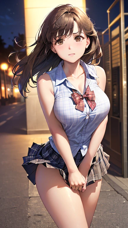((table top, highest quality, High resolution, nffsw, perfect pixel, 4K, nffsw, nffsw))), 1 girl, single, alone, beautiful woman、I could see the whole body、 ((middle wavy hair, bangs, brown hair)), ((brown eyes, beautiful eyelashes, realistic eyes)), ((detailed face, blush:1.2)), ((smooth texture:0.75, realistic texture:0.65, realistic:1.1, Anime CG style)), medium breasts, dynamic angle, perfect body, ((red bow tie, school uniform, open jacket,cleavage exposure、The belly button is visible、 City staircase、Angle looking up from the bottom of the stairs、Very embarrassing panic smile, leaning forward、Light blue floral lace panties、The wind flipped up my skirt、