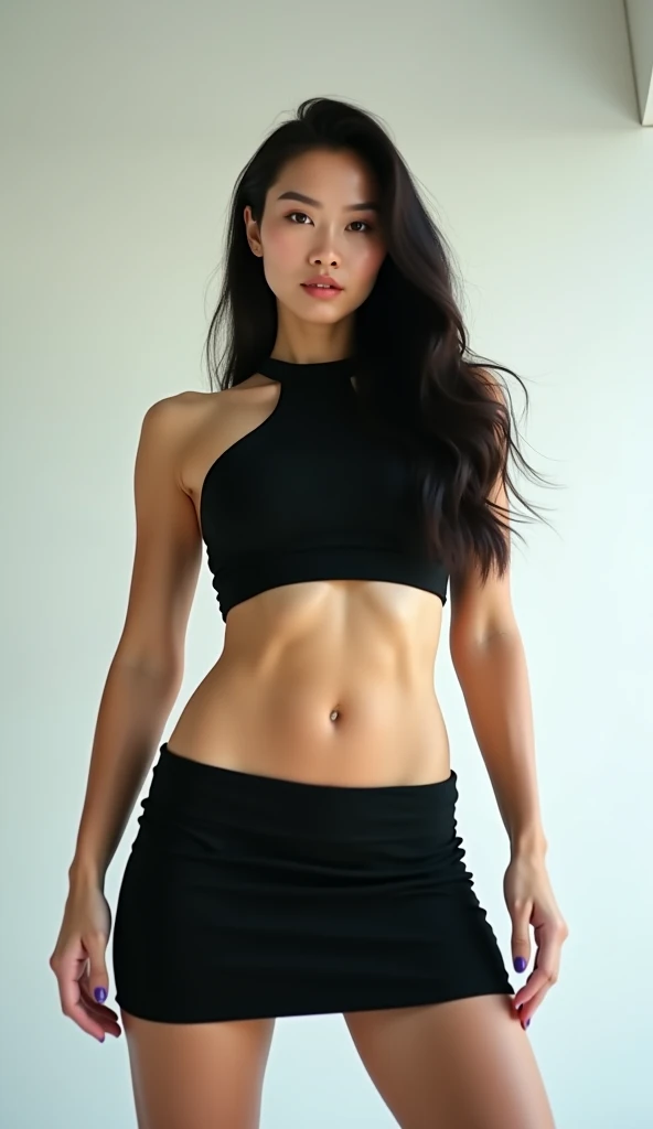 ultra-realistic photographs,Indian Instagram female model,mid 20s,9:16,mid-shot,beautiful detailed eyes,detailed lips,longeyelashes,black stylish hair, naturally full eyebrows,perfectly formed nose,expressive face,attractive appearance,confident and elegant posture,graceful movement,vibrant and colorful turtle-neck t-shirt, vibrant patterns,  background, serene atmosphere,stunning architecture,soft and natural lighting,vivid colors,photorealistic,HDR,highres,studio lighting,ultra-detailed,bokeh,black bikini