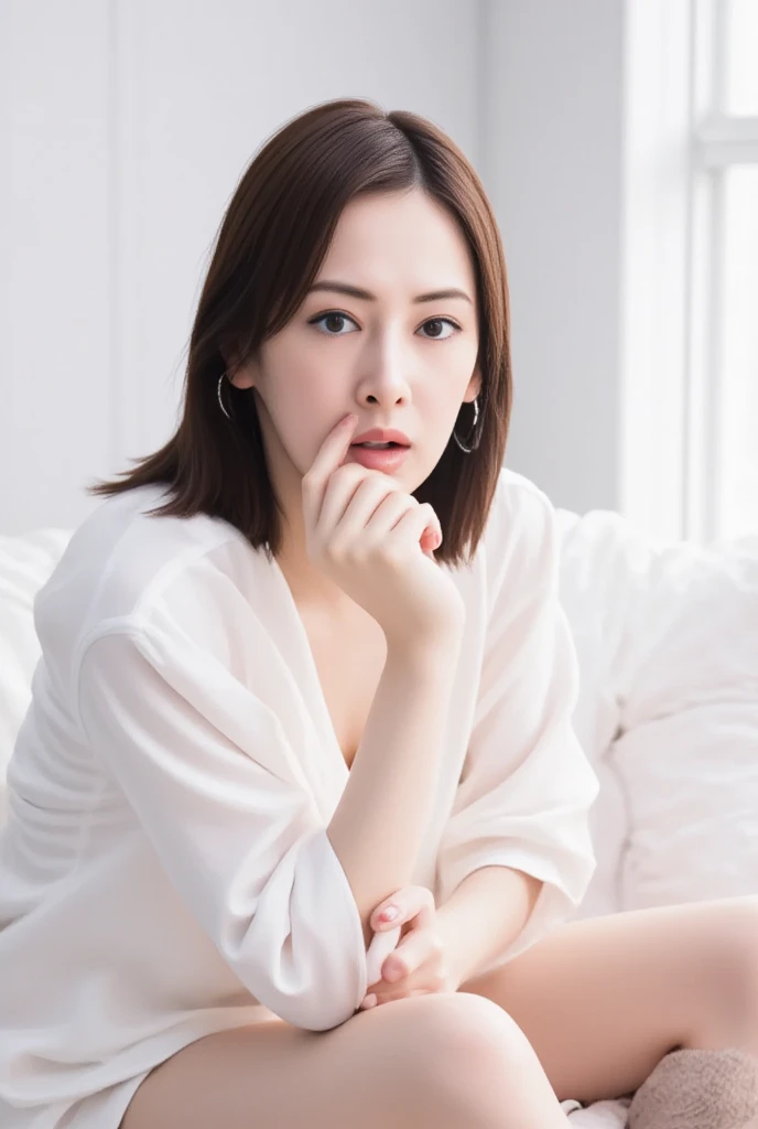 photorealistic, high resolution, 1 girl, white wavy hair, korean, heterochromia eyes, small mole below eye, loose white shirt, tight jean shorts, large breast, large thighs, panty visible