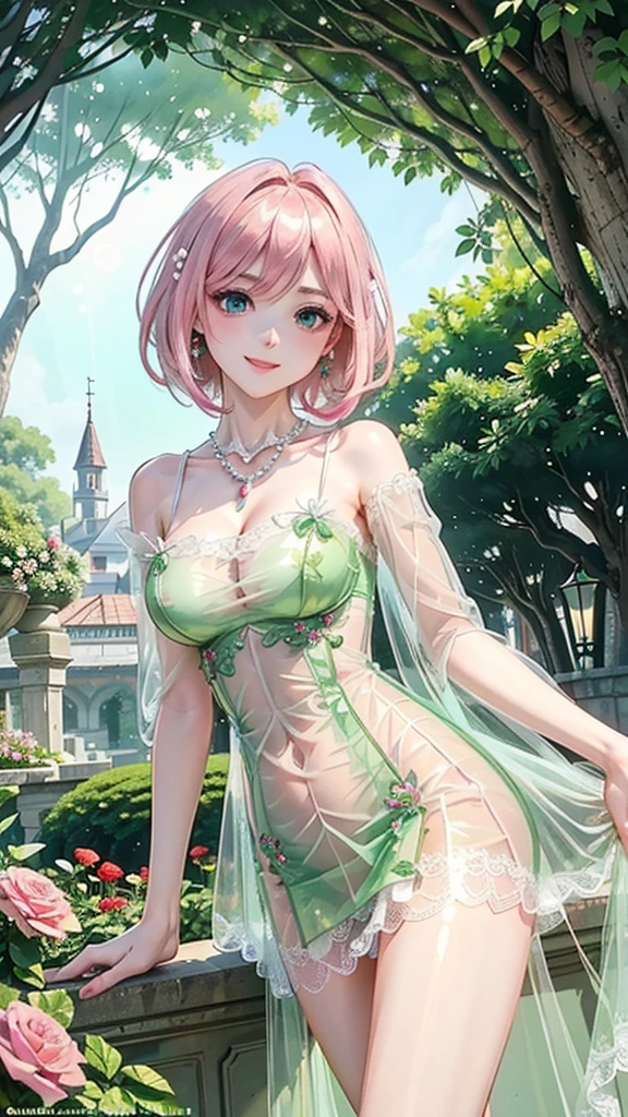 ((masterpiece, super high quality, high resolution, ultra high definition 8K quality)), one girl, beautiful and detailed perfect face, perfect and incomparably beautiful body, curvy body, but slender body, beautiful and perfect eyes, very long eyelashes, bright and beautiful youthful face, shiny white skin, the best beauty skin, shiny pink lips, (((the most beautiful bright light pink hair in the world, thin hair))), (((short hair style))), shiny beautiful bangs, shiny clear big blue eyes, very beautiful and adorable 17 year old the most beautiful girl in the world, (((big and ample breasts))), (((beautiful smile))), sexually excited expression, (((beautiful smile))), sexually excited expression, (((beautiful smile))). A sexually excited expression, ((image from the knees up)), (((sexy see-through dress, thong))), (((cute flower hair accessory, cutely designed earrings, necklace, bracelet, ring))), (((transparent, beautiful skin))), ((beautiful smile)), (((beautiful back view, beautiful hips)))