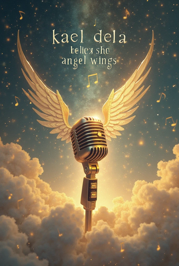 A 26 year old girl with light dark skin ,with big wings like an angel with a smile and has braces on her teeth , her wavy black hair her wide nose with a long blue dress and high black heels like a Goddess on a stage full of white and blue doves and blue butterflies she holding a microphone with her hand , At his side are his 3 pets, a big grey angora kitten, lead-colored all over its body, and his other pet, which is a yellow and white kitten, Her name is Nini, She is smaller, and his last pet, which is a big beige Golden puppy,On stage she has a big name that says Angeles.