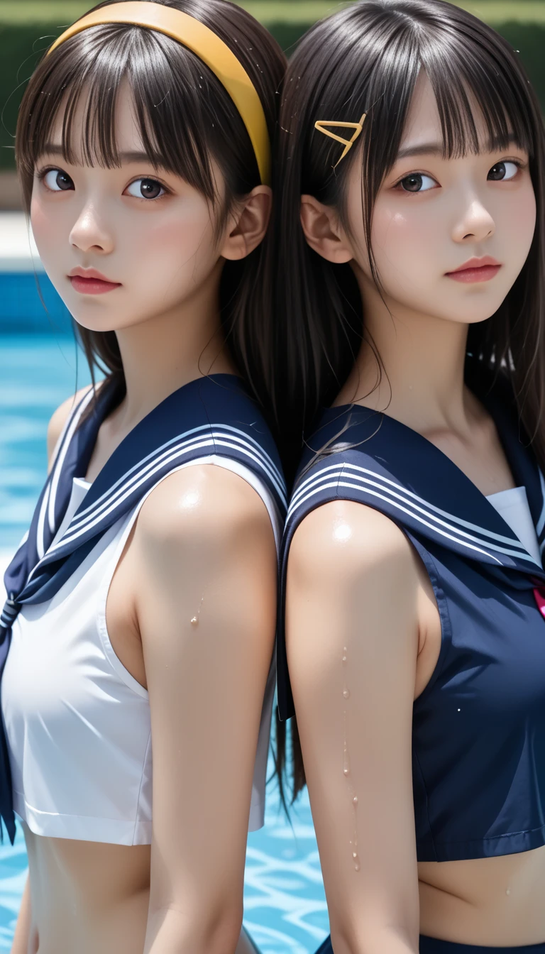 (top-quality)、 (masterpiece)、(Professional lighting with fewer shadows)、 (A hyper-realistic)、 (perfect anatomia)、 (In front of the camera、There are two women、Daughter showing breasts and daughter showing ass、Bangs and forehead、And moles under the eyes), ( Huge breasts:1.3), (Bright and even whitening skin without wrinkles and steps:1.5), (Beautiful blue eyes with long eyelashes and red tear bags:1.5)、 (Although her costume is naked, Only sailor collars are worn as small pieces of cloth:1.5), (Two people are surrounded by flowers, Proudly stick out your chest in front of the camera:1.2), (Another person on the other side、Turned back with arched hips、Expose your proud big ass:1.3), (One hand behind the head, A beautiful face is a beautiful smile with lowered eyebrows),