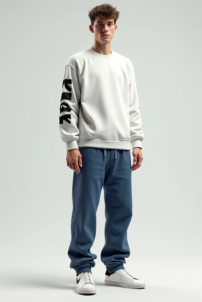 A realistic 180cm white man wearing a white sweatshirt with a black design in the left arm, baggy jeans and Nike blazer low 77 