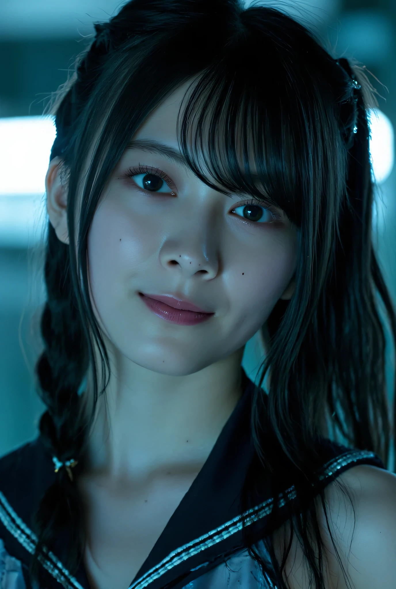 (((The dark interior of the Nostromo ship :2.0))),(((HR Gigger style cyberpunk vibe:2.0))),((( looking down at camera :2.0))), standing,((full body:2.0)),one woman,(cute face),(Beautiful well-balanced face ),((braids with bangs :2.0)),( black hair:1.5),(beautiful eyes:1.3),Glamorous shot of a 20-year-old Japanese woman, Slender Beautiful Body ,((Model figure :2.0)),((slim body:1.7)),perfect body line,ideal proportions,((big breasts:2.0)),((G cup breasts:1.5)), Popup,Bare thighs,fleshy thighs due to weight,delicate body,(Glutinous Flesh:1.7),harmonious posture,((Realistic breast depiction :1.7)),carefully depicts limbs based on perfect anatomy when held from behind by an old man,((Futuristic super high-leg leotard style white sailor suit:2.0)),((fitted latex sailor suit:1.5)),((sailor suit with collar and bow:2.0)), Coloured Particles of Light ,((Glass translucent super mini skirt:2.0)),((Navy blue translucent short mini skirt:2.0)),((rough mesh stockings:1.5)),(gloves:1.3),Concept Art,(Highest Quality:1.5),(masterpiece:1.5),(Ultra-high resolution),resolution,UHD,(Delicate Description), carefully drawn with butterfly wings ,32K,((realistic skin texture:1.5)),(((ultra realistic:1.5))),carefully draw eyelashes,very detailed face,Highly detailed female hand, Sexy appearance ,very sensual,(Blurry Dim Backgrounds :1.5),professional photo shoot,(movie light:2.0),((Blade Runner style light:2.0))