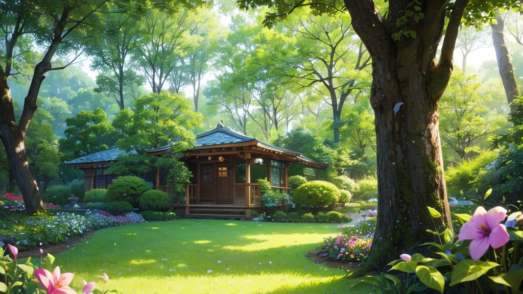 Highest Quality、masterpiece、lush forest and plants green trees々A quiet forest surrounded by a quiet forest、gentle afternoon sunlight shines in、Hear the sounds of small birds from inside the bushes、Lots of colorful flowers on round stones々Blooming in profusion、peaceful and relaxing atmosphere、real、realistic、4K High Resolution、HDR、Studio Lighting、Extremely tight、Professional Level、brightly colored 、Bokeh
