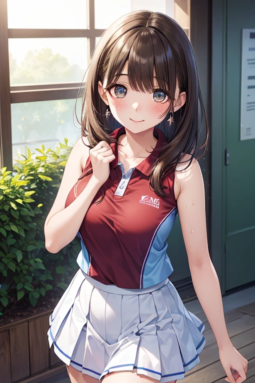  1 girl , only_shoulder, black_hair, green_eye,    sleeveless, sweat, in gold, vulgar, white tennis uniform,white pleated skirt,Kitamura choroid, beautiful long legs , cowboy shooting, Viewer,

、Anegasaki Nene, shiny brown hair, beautiful brown eyes, smiling face, sparkling pupils, (fine grain), , highly detailed face,, (masterpiece:1.2, best quality), ((only1 girl)), (((cowboy shot:1.5))), 