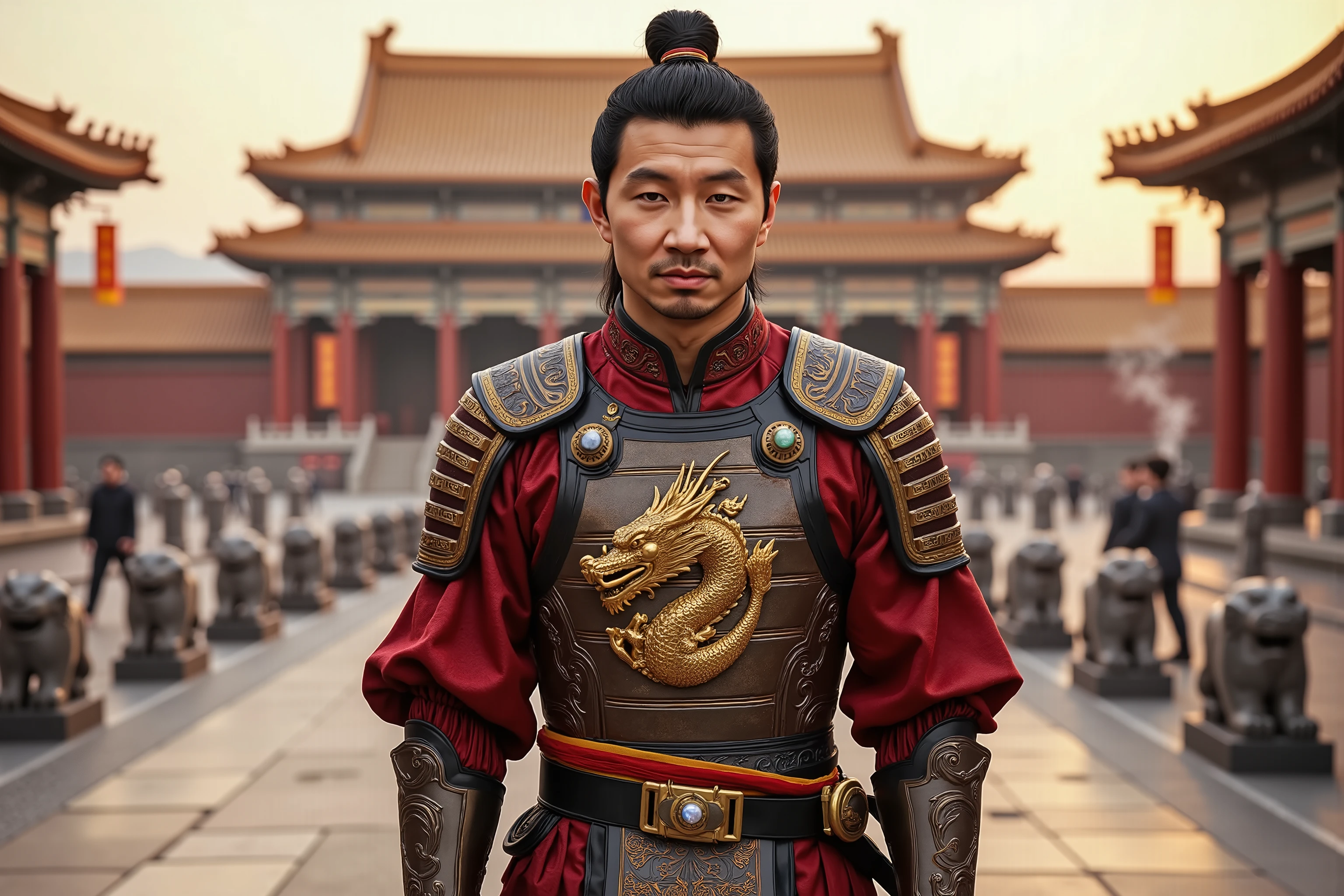 Simu Liu reimagined as a noble imperial warrior of the ancient Chinese Empire, walking through the stone courtyard of the Forbidden City, dramatic atmosphere, 1 male,
Sharp black eyes filled with calm intensity, smooth golden-olive skin, black hair tied into a high warrior’s knot beneath a crested battle helmet with jade inlays and dragon horns.
He wears a flowing crimson and gold ceremonial battle robe layered over segmented lamellar armor carved from lacquered wood and polished bronze. The breastplate is adorned with a golden dragon relief coiled around a flaming pearl, symbolizing divine authority. Embroidered silk sleeves ripple in the wind, while wide armored shoulder plates engraved with tiger motifs rest upon his frame. A jade clasp fastens a black and crimson imperial sash at his waist, from which hangs a sheathed straight dao sword with a dragonhead pommel.
In his hand, he holds a double-edged Chinese war sword, its steel blade glowing faintly in the morning light, covered in etched clouds and phoenix feathers, symbolizing balance and purity.
, shows his male character’s full figure, athletic body, perfect face, full body, extremely handsome, male shape, perfect anatomy, imperial Chinese warrior, sacred protector, divine aura,
The background showcases the Forbidden City at sunrise. Golden rooftops gleam behind rows of crimson columns, while incense smoke rises in spirals. Stone lions flank the path, and banners bearing the imperial dragon flutter in the wind. Imperial guards stand in formation, and cherry blossoms swirl around the edge of the wide ceremonial courtyard.
, photorealistic, masterpiece, realistic, high contrast, 8k, HD, high definition detailed, detailed, hyper detailed, realistic skin texture, best quality, ultra high resolution, hyper realistic, no text, very detailed eyes, dramatic lighting