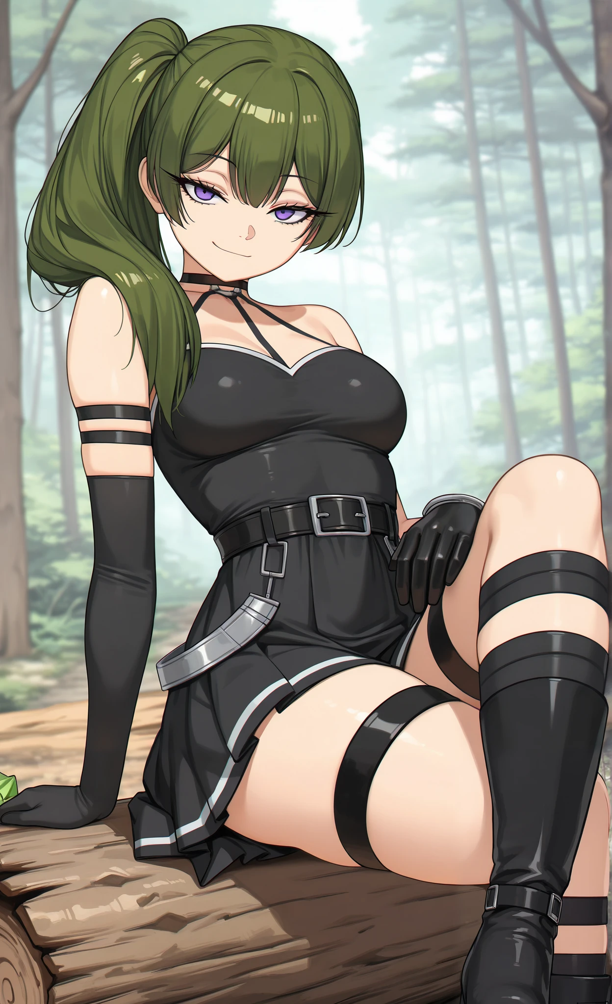 ((übel)), ((sousou no frieren)), ((masterpiece)), ((high resolution)), ((solo portrait)), {(attractive figure), (medium breasts), (detailed thighs), (beautiful legs), (green hair), (side ponytail), (lidded eyes), (cute purple eyes), (long eyelashes), (cute smirk), (relaxed look)}, {(black dress), (waist belt), (black arm band), (black glove on right hand), (black choker), (thigh belts), (black boots)}, {(sitting on log), (crossed legs), (looking at viewer)}, ((forest, ((walkway))