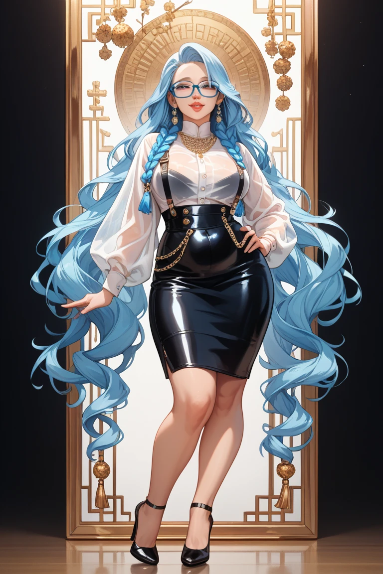 ultra detailed 8k cg, ultra realitsic, masterpiece, best quality, intricate, spotlight, cinematic lighting, cinematic bloom, professional photography, 1girl, standing (straight-on:1.2), absurdly long hair, very long hair, turquoise hair, detailed eyes, divine goddess, huge breasts, breasts out, gorgeous female, The Cabaret Couture: A tailored jacket with tails, paired with high-waisted shorts, fishnet stockings, and a top hat, embodying classic cabaret style, lace-trimmed legwear, thighhighs, pearl necklace, gold, jewelry, shiny, glint, diamonds, looking at viewer, serious, formal, epic, grand curtains, indoors, detailed background, beautiful and detailed artwork, <lora:add_detail:0.6>