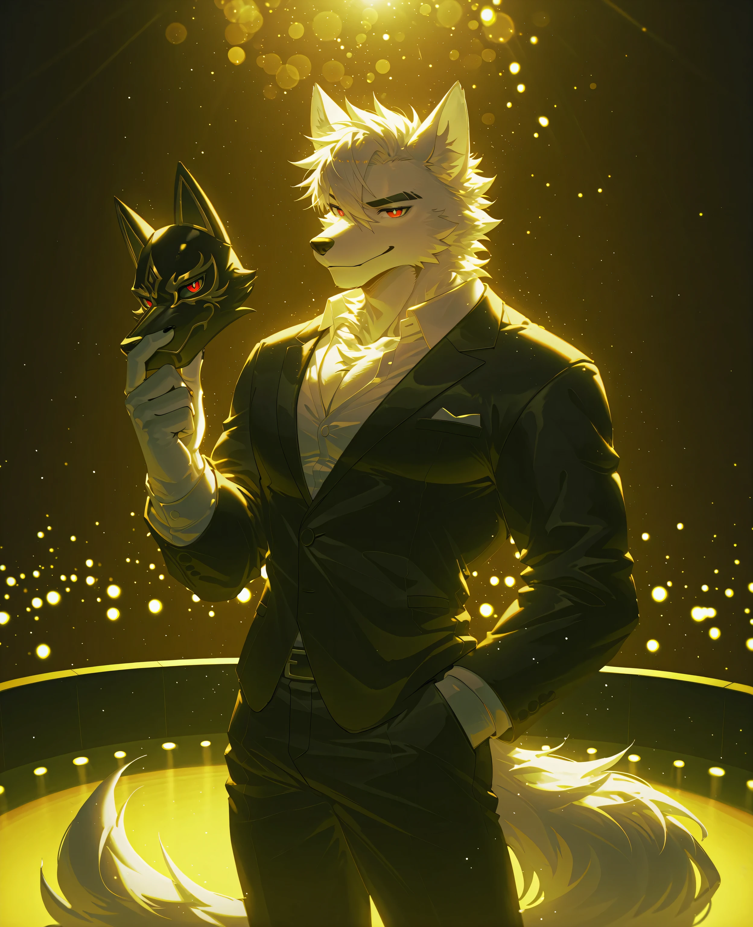 sfw,masterpiece,UHD,solo:1.5,highres,best quality,anatomically correct,furry male,(wolf),collarbone,(white fur:1.1,),white hair,short hair,black eyebrow,(detailed eyes,scarlet eyes,detailed pupils,beautiful eyes),snout,animal ears,wolf ears,absurdres,shapely,handsome, wolf tail,cowboy_shot,(slender muscle:0.8),(black tuxedo,white collared_shirt,black pants,),(5 fingers:1.1),(merciless face,light smile,disdain,),standing,holding a bloody mask in left hand,(in empty theater,standing on empty stage,alone),ray tracing,looking_at_viewer,from_side:1.3,(dim light:1.2,dramatic contrast),bokeh,simple background,Tyndall effect,blues_hour_lighting,break,((lindong:0.8),(by null-ghost:0.8),huashijw,(asteroid_ill:0.8),(smile \(qd4nsvik\):0.9),(wolftapioca:0.5),(chunie:0.2),konya karasue,cg,highres)),sfw