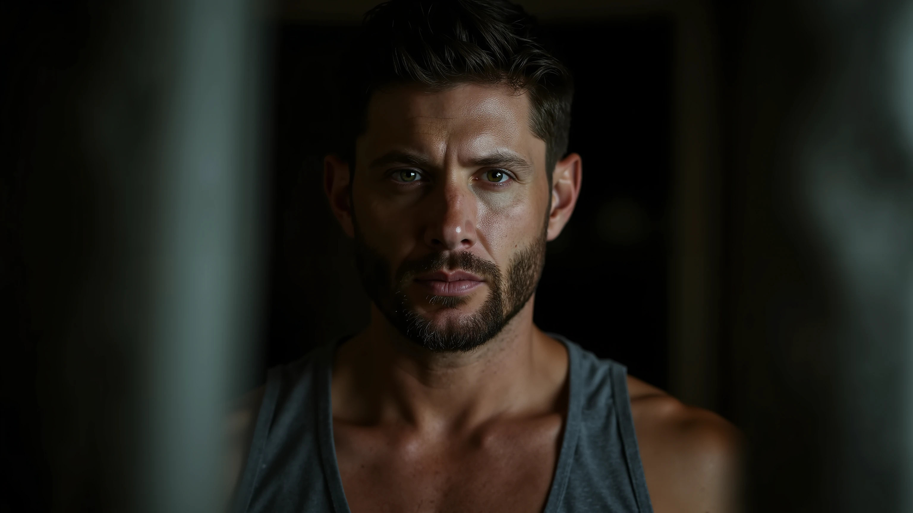 Close-up shot:Man with short hair and beard,Around 28 years old,wearing a gray vest,shirtless,looking sideways at the camera,with two curtains in the foreground。Voyeurism,Night time,Dim light。movie texture。