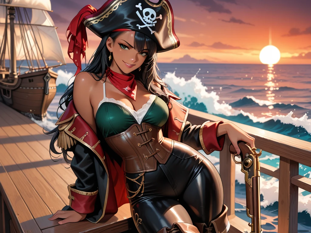 (Highest quality), (High detail), (Vibrant colors), (One girl), A cute female pirate sailing the high seas, High resolution, 4K, Head to Knee,