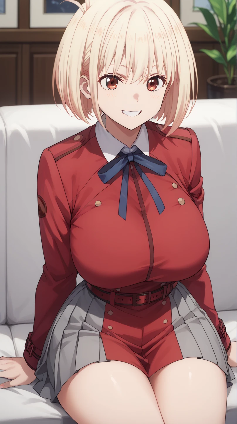 ((masutepiece, Best Quality, hight resolution, nffsw, Perfect Pixel, depth of fields, 4K, )), 1girl in, Solo, , Beautiful anime girl, Beautiful Art Style, close up, Looking at Viewer, Perfect body, Yuigahama Yui, Short hair, pink hair, hairbun, (large boob), flight attendant outfit, cleavage, smiling, winking, one eye open, hand on hip, saluting, blank white background, cowboy shot
