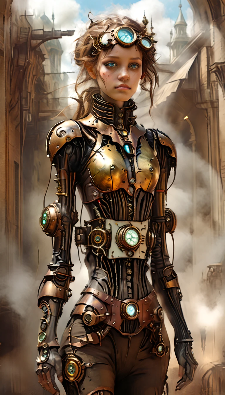 Sexy teen robot with lace-up weapons in cyber punk anime style