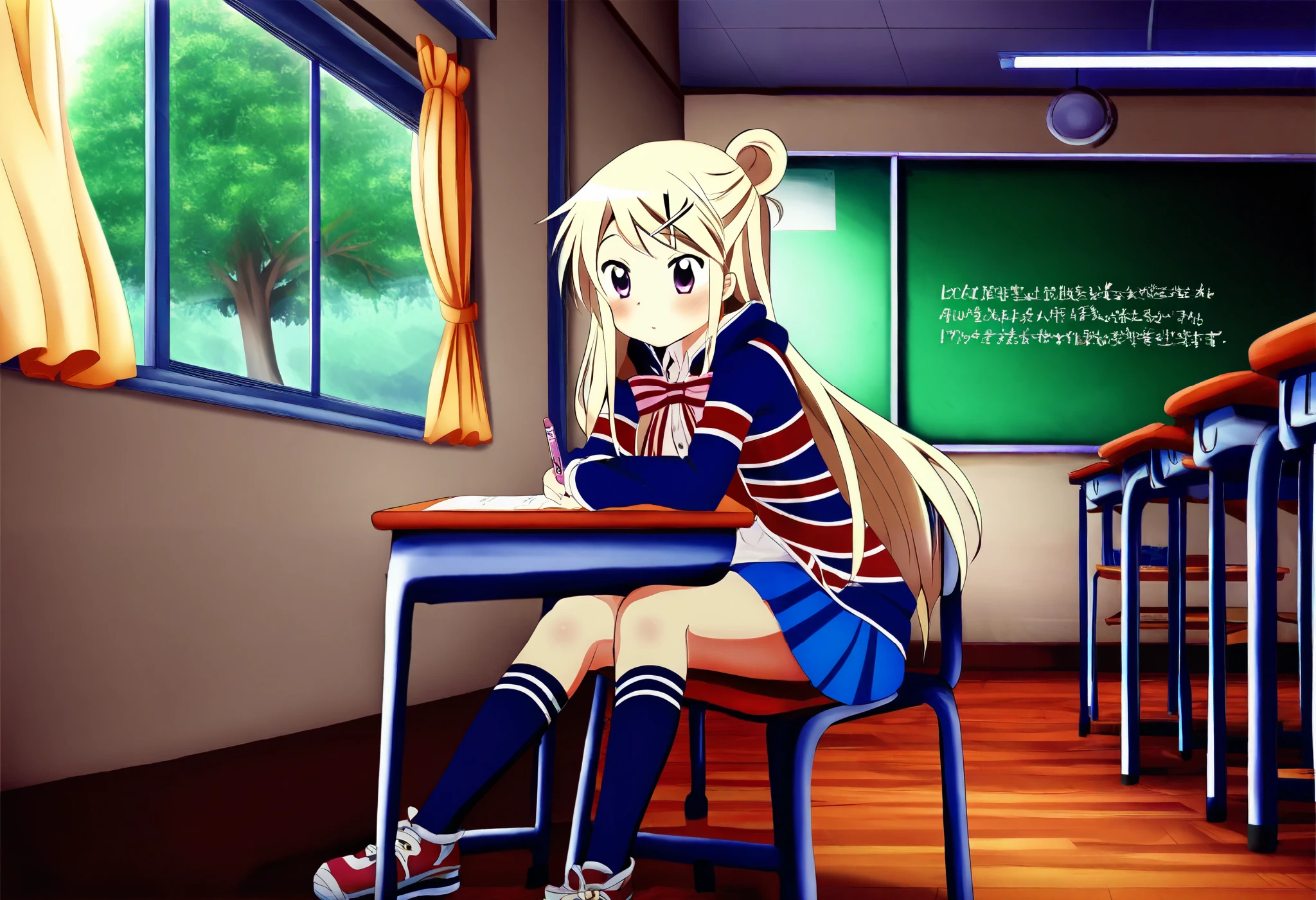 writing expulsion registration documents in the classroom,kyoushitsu, classroom, indoors, school chair, school desk, chalkboard, window, ceiling light, curtains, tree, 1girl , Alone, long hair, blush, skirt, blonde hair, hair ornament, bow, sitting, school uniform, purple eyes, shoes, socks, hairclip, hair bun, kneehighs,single hair bun, x hair ornament, sneakers, union jack, Kujou Karen,