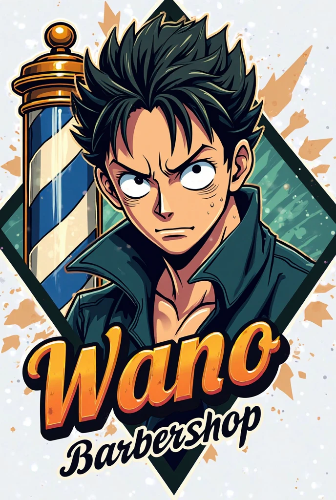 I want the character Luffy from One Piece with a tattoo saying BAKZIN on his chest with white hair with a straw hat and no shirt with a white support and with a hand over his eye and a mischievous smile 