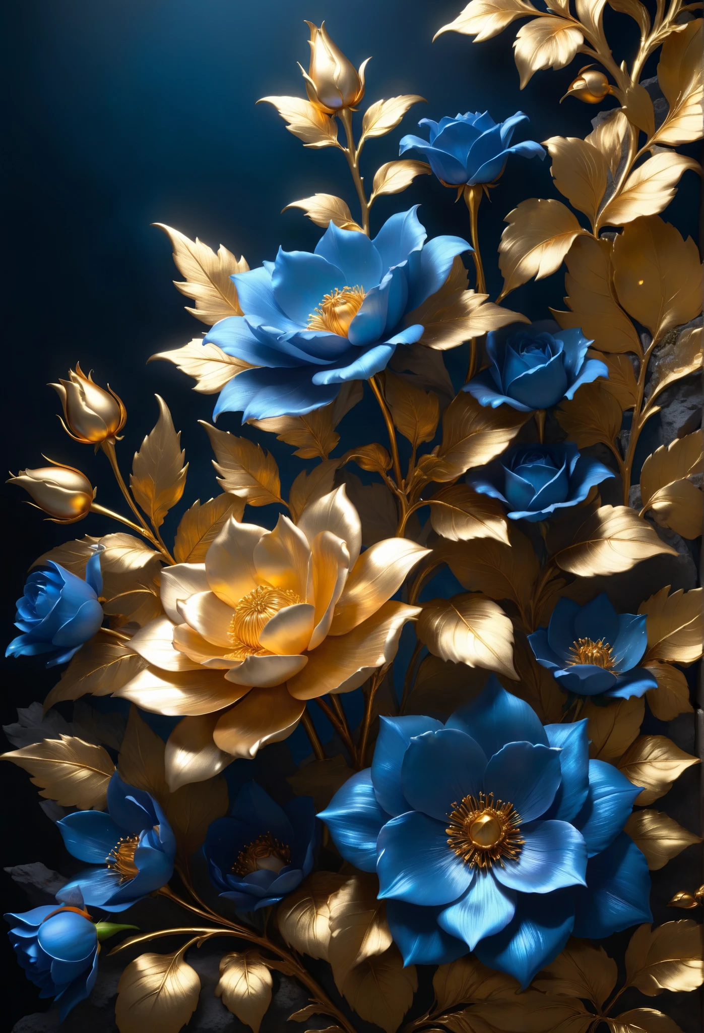  full bloom , The light from the back window creates a backlight, Rococo style,  contrast of light and shadow , Close-up cleavage, Hyper HD, tmasterpiece, Acura, high detail, high quality,  Reward-Awarded , best quality, high resolution, 8 k，
(A metallic rose of blue temptation grows tenaciously on the rock）, Every metallic flower of the blue sorceress has falling petals， Rich metallic texture，they are dark blue，Like the night sky and the deep sea，Has an attractive metallic sheen，platinum leaves，Blue shells， (The edges of the petals are framed by golden shading technology:1.0），Capture light and shadow, golden flowers, helianthus flowers, golden rose , Flowers and gold, (Gold stamping: 1.5), detailed flower, gorgeous flowers,intricate flowers, Sloppy golden leafy flowers, 8 k detailed oil painting, Stunning and detailed, Gilded.   flowers,  blooming  , baroque element, fine work ，Give people a kind of tenacious growth、An unshakable sense of the background of life：Cliffs cliff by the sea，