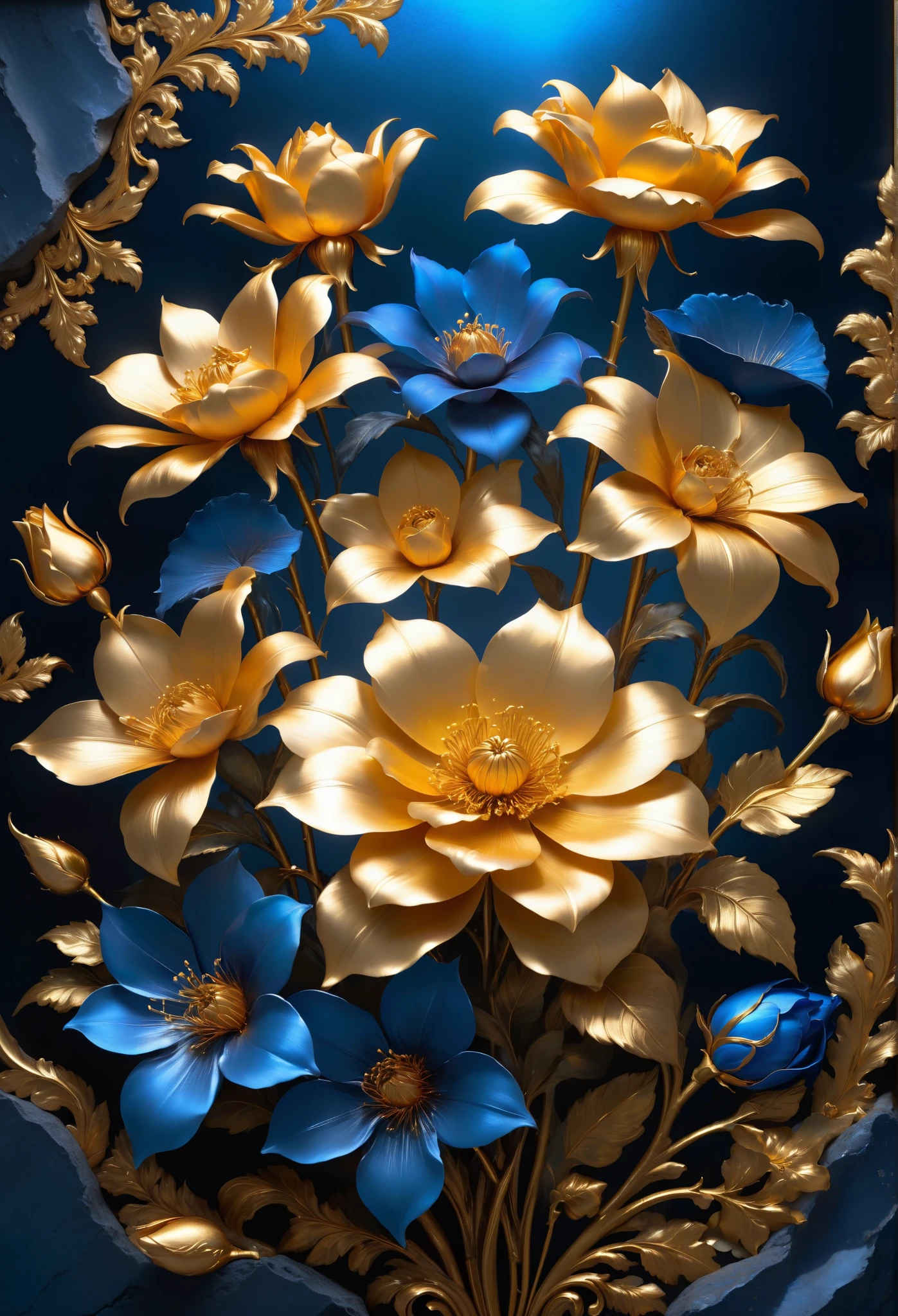 full bloom , The light from the back window creates a backlight, Rococo style, contrast of light and shadow , Close-up cleavage, Hyper HD, tmasterpiece, Acura, high detail, high quality, Reward-Awarded , best quality, high resolution, 8 k,
(A metallic rose of blue temptation grows tenaciously on the rock), Every metallic flower of the blue sorceress has falling petals, Rich metallic texture,they are dark blue,Like the night sky and the deep sea,Has an attractive metallic sheen,platinum leaves,Blue shells, (The edges of the petals are framed by golden shading technology:1.0),Capture light and shadow, golden flowers, helianthus flowers, golden rose , Flowers and gold, (Gold stamping: 1.5), detailed flower, gorgeous flowers,intricate flowers, Sloppy golden leafy flowers, 8 k detailed oil painting, Stunning and detailed, Gilded. flowers, blooming , baroque element, fine work ,Give people a kind of tenacious growth、An unshakable sense of the background of life:Cliffs cliff by the sea,