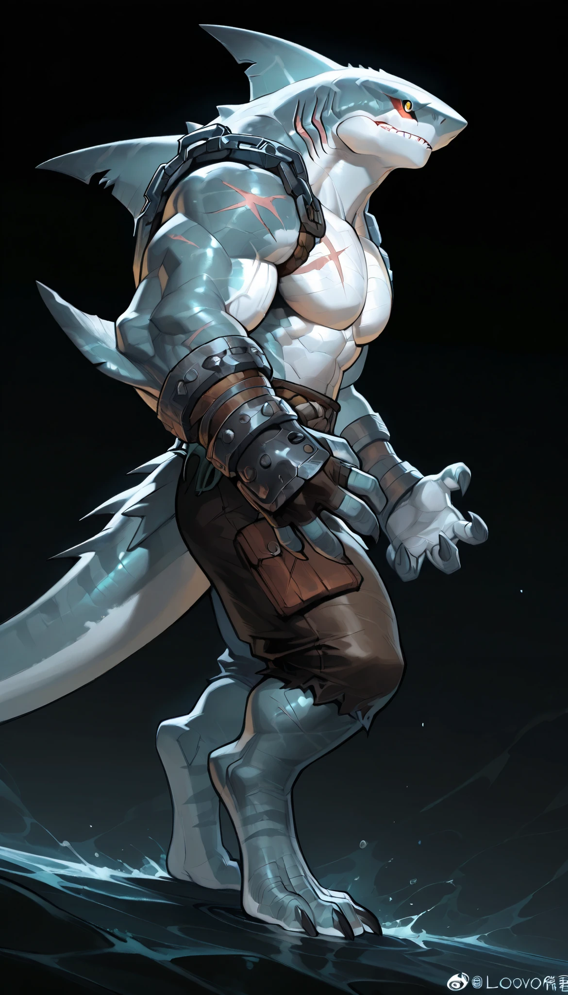sharkman, anthro megalodon, darker hands and fins, solo, big arms, bara, detailed skin, lizard shark hybrid, anthro, closed mouth, polynesian tattoos, tattoos covering arm and shoulder, detailed scalie skin, scalie arms, fins on arms, gray color body, beefy, thick scales on arms, digitigrade legs, bulky body, light musclegut, proporcional body, mercenary pants, wide chest, old scars, marked jaw, thick shark tail, shark species, one dorsal fin, and muscular build, best quality, ultra-detailed, by laobai, by honovy, detailed illustration of 4K horror, standing ready to fight, dark background, half side view, dynamic pose, dynamic angle,