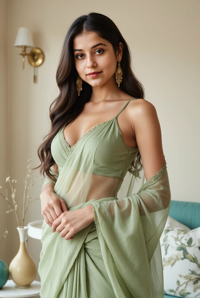 Photo of a 20 year old realistic brunette woman, that has a very natural face, thin lips, thin eyes, thin eyebrows, thin nose, earrings, long eyelashes. She wearing saree with a cute locket