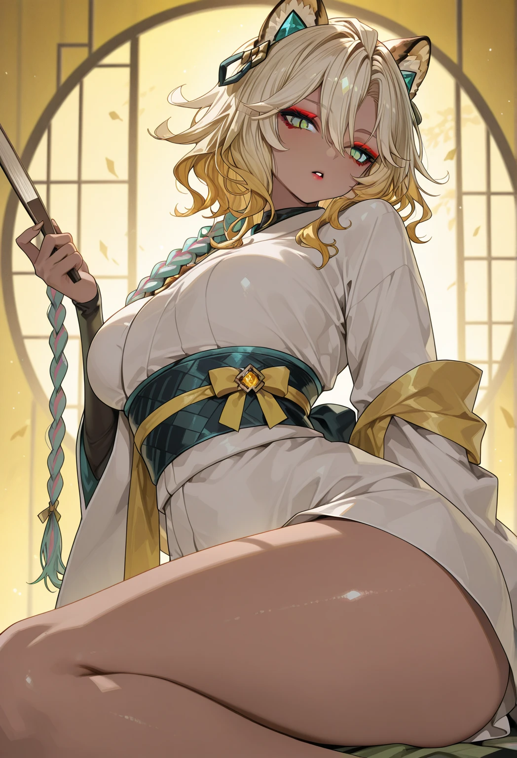 ((Highest quality)), ((masterpiece)), (Familiar), Lusamine,{{nsfw}},thin,Long blonde hair,Small breasts,Small breasts,Erect nipples,Adult female,Green Eyes,Slanted Eyes,kimono,華麗な赤いkimono,Gold embroidery,hairpin,Captivating smile