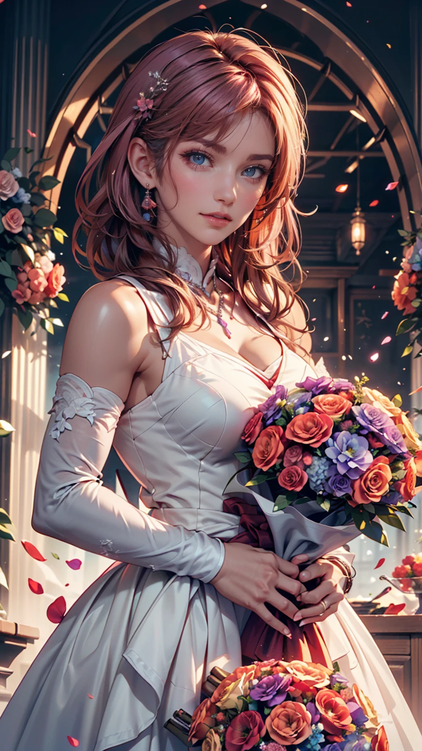 highest quality, (Ultra-high definition 4K), (Ultra High Resolution 8K), Photoreal, Bright colors, beautiful hair, (lip gloss), (big and full breasts), pretty girl, standing model, Holding a bouquet of red flowers in both hands, diamond necklace, Lavender violet dress with beaded embroidery, garden, flowers, sunlight, Gentle breeze, (soft lighting, rendered), Moderate: oil, 35mm f/1.8, Photographed with Sony FE GM