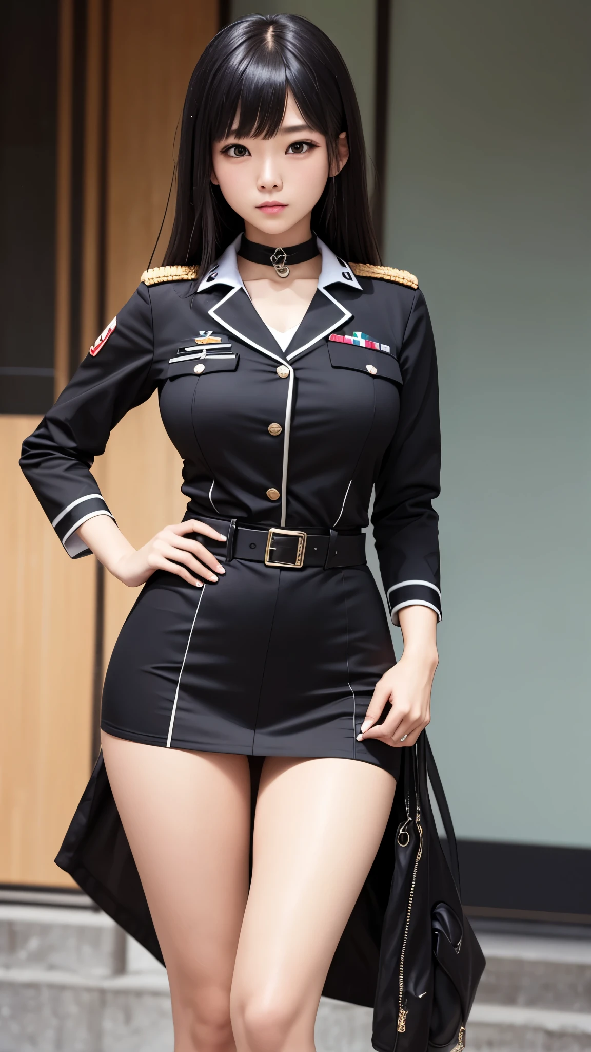 最high quality, masterpiece, 32k、Very detailed、Realistic、1 girl, Japanese women、Black and gold military uniformのコスチューム、High-grade, futuristic, sexy costume, Black and gold military uniform、US Army military uniform hat、Attractive K-pop idol-like outfits、Black and gold military uniform、class seal、Wears a black and gold military uniform hat(military officer uniform hat), Cute face, (photo Actual:1.3),Edge lighting, (Skin with attention to detail:1.2), 8K超High resolution, Single-lens reflex camera, high quality, High resolution, 4K, 8K, Optimal ratio of four fingers to one thumb, (Actual:1.3), cute 1 girl, Realistic、Super Realistic、32k、Very detailed、masterpiece, 最high quality, beautiful girl, beauty、Gorgeous girl, Medium chest、Big Ass, Narrow waist, detailed groin、Leg spread, Plenty of facial detail, City of the Future, Super detailed, High resolution, masterpiece, high quality, High resolution, 